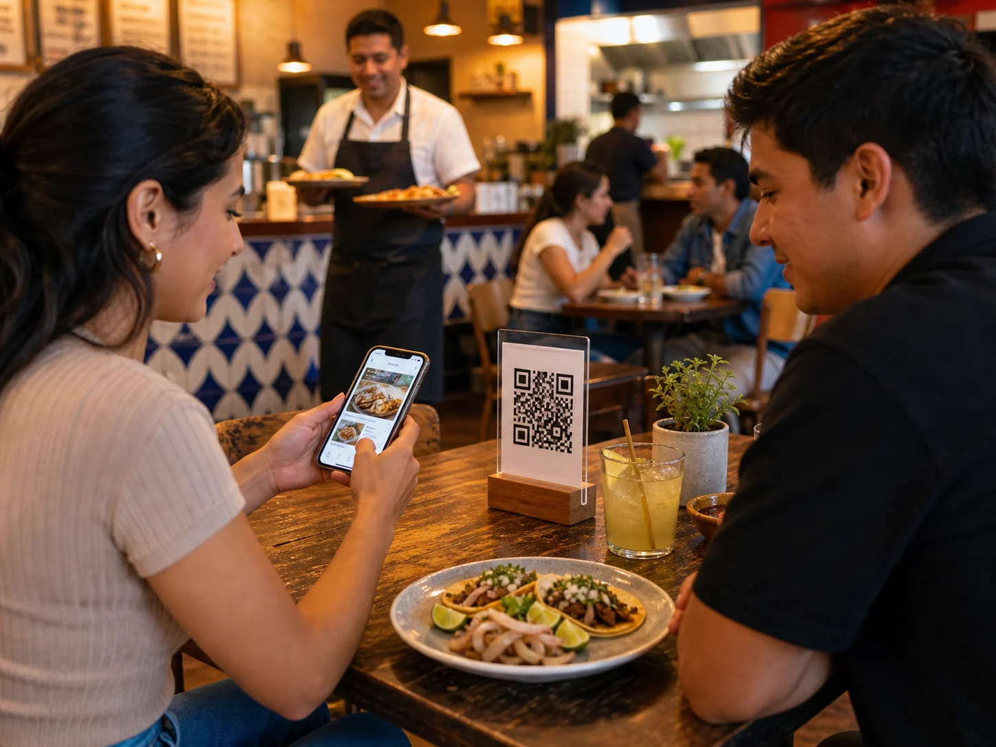 Mesa de restaurante con codigo QR, platos y personal atendiendo un pedido.